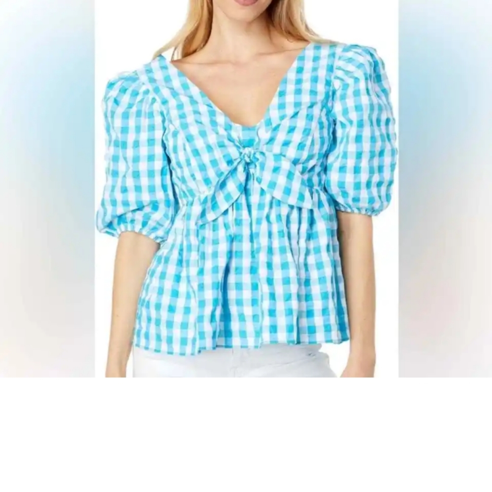 Lilly Pulitzer Blue and White Gingham Puff Sleeve Tie-Front Top